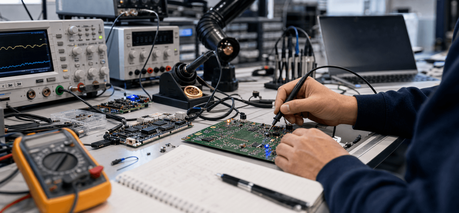 Engineer testing electronics at a realistic embedded systems lab bench